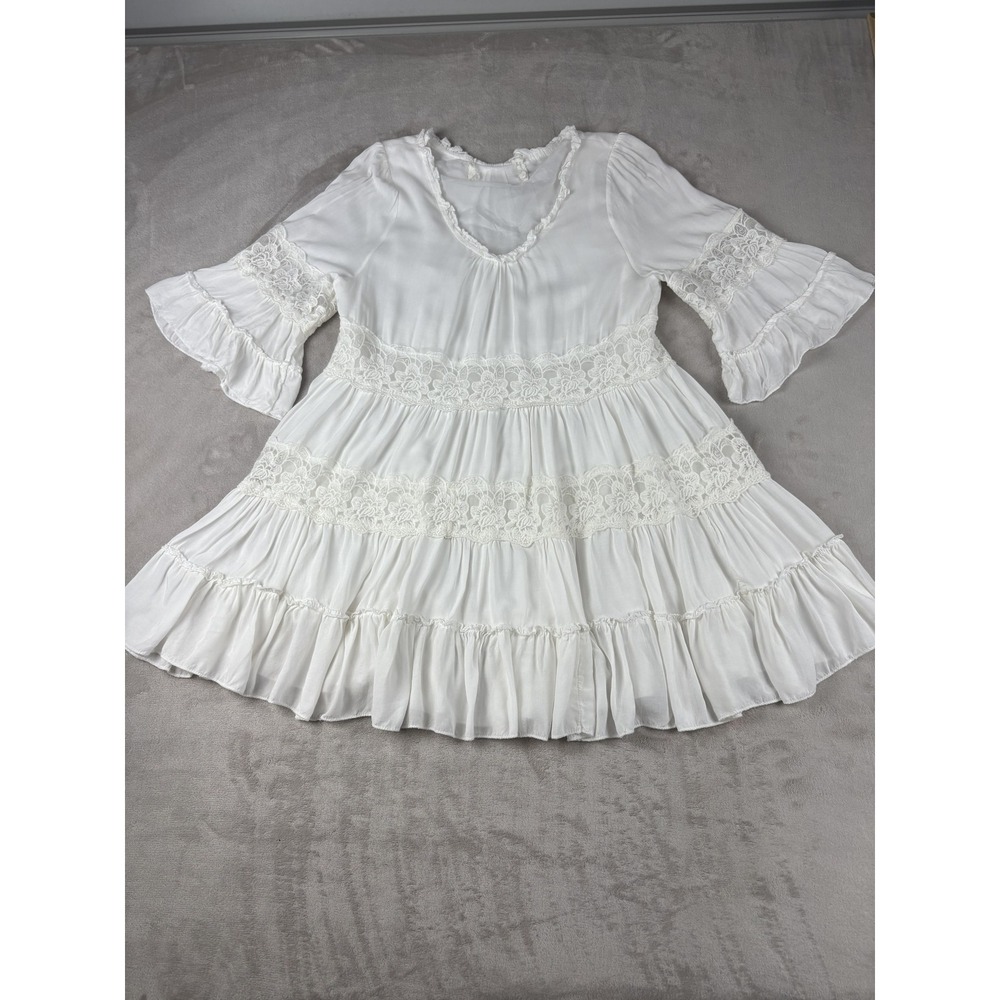 Boho White Lace Tiered Mini Dress V-Neck Bell Sleeve Ruffle Summer Sun Dress - Picture 2 of 6